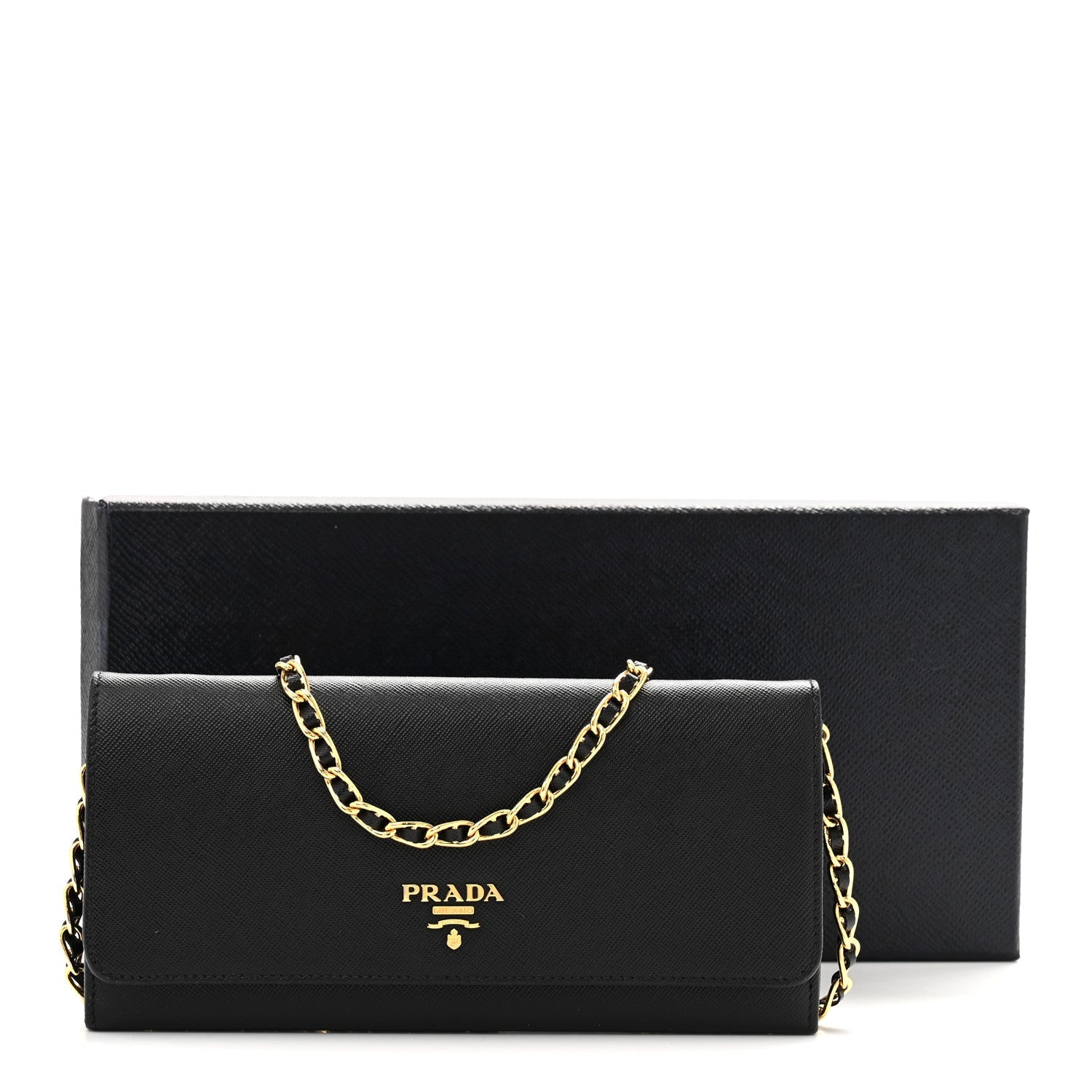 Prada Saffiano Metal Oro Chain Wallet Black