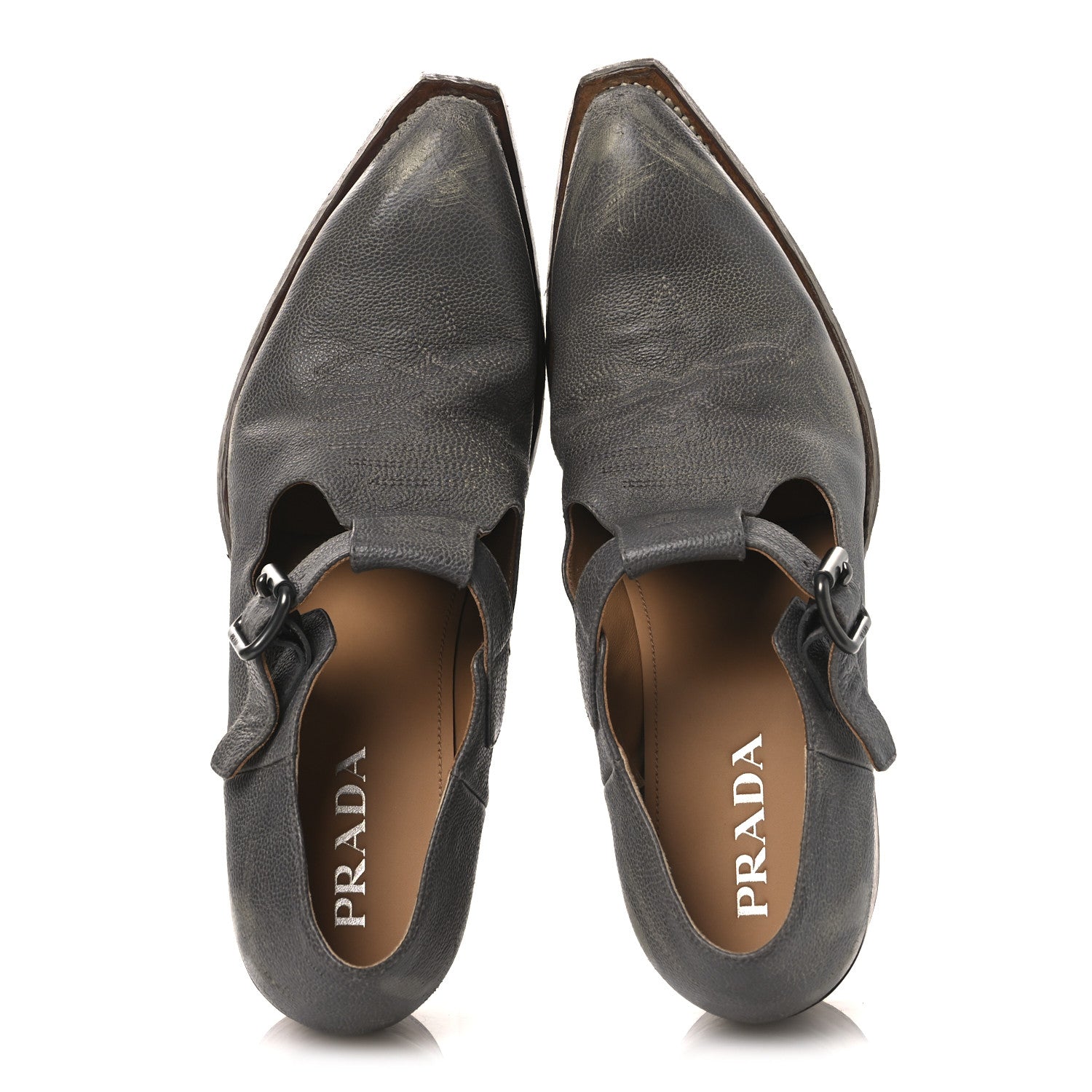 Prada Antique Calfskin Mens Buckle Loafers 9.5 Mercurio