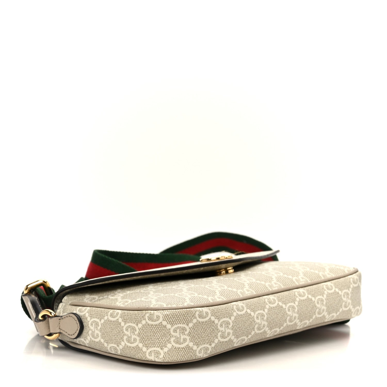 Gucci GG Supreme Monogram Textured Dollar Calfskin Web Mini Ophidia Envelope Shoulder Bag Beige Mystic White Oatmeal