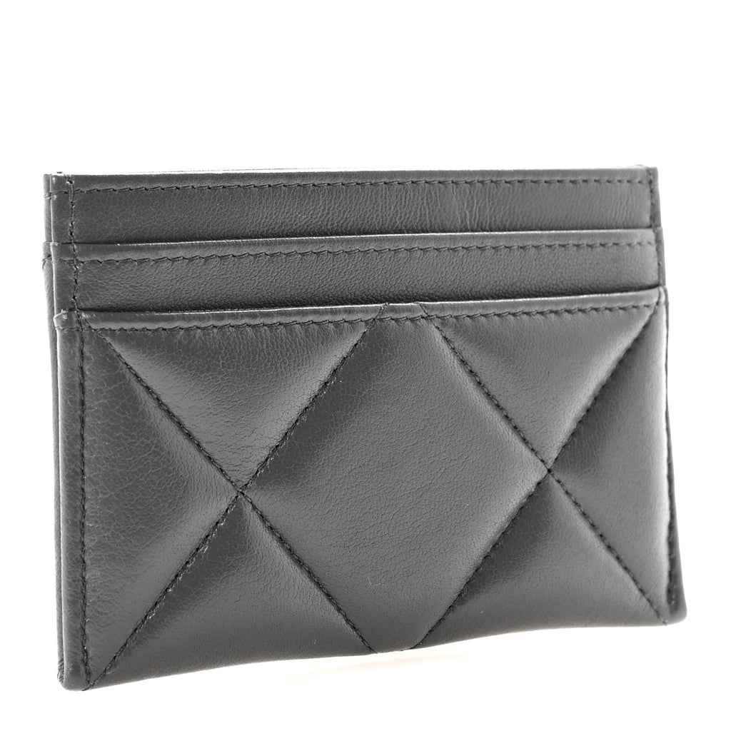 Chanel Shiny Goatskin Quilted Chanel 19 Card Holder Dark Grey