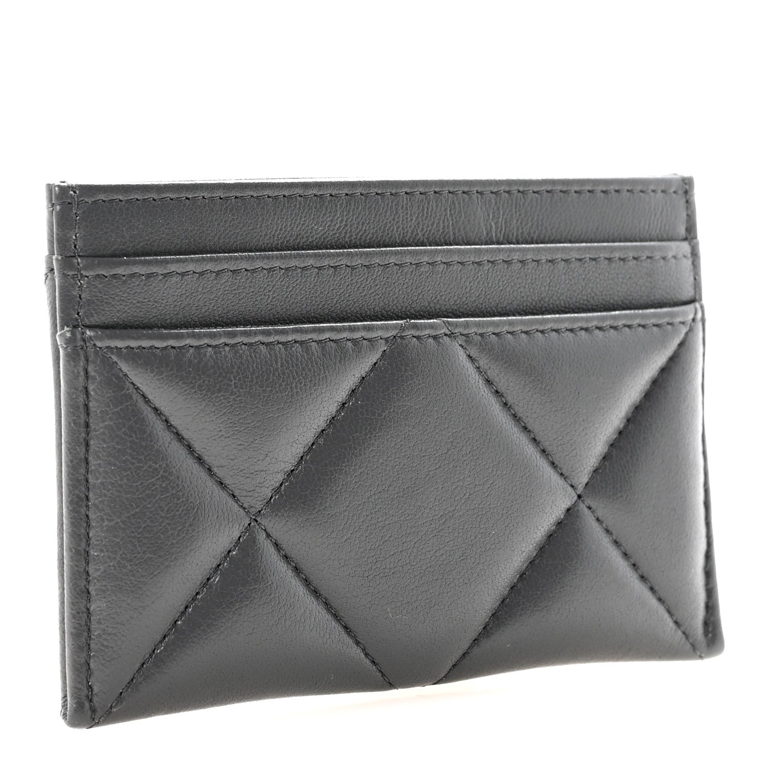 Chanel Shiny Goatskin Quilted Chanel 19 Card Holder Dark Grey
