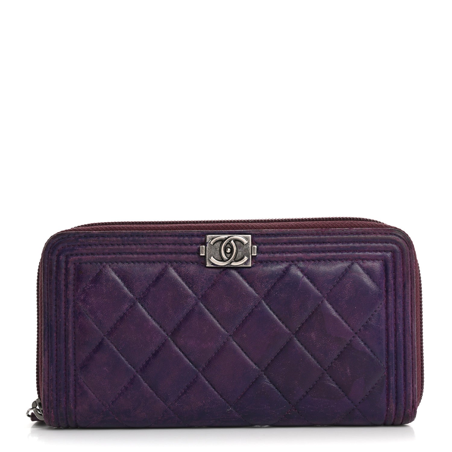 Lambskin Quilted Boy Zip Around Wallet Purple