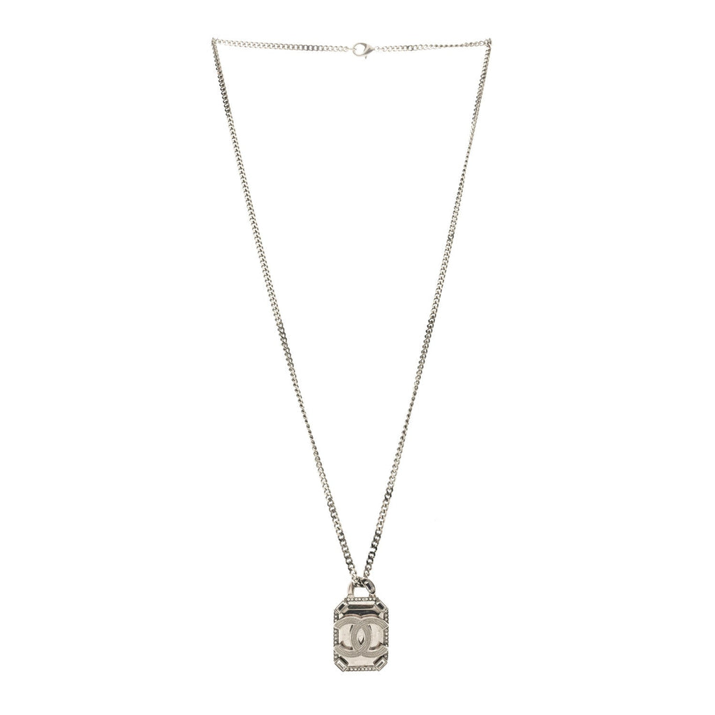 Crystal Baguette CC Mirror Pendant Necklace Silver