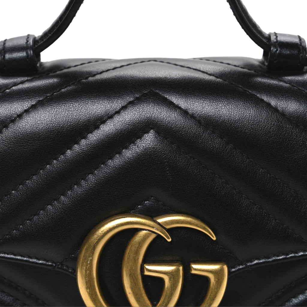 Gucci Calfskin Matelasse Mini GG Marmont Top Handle Shoulder Bag Black