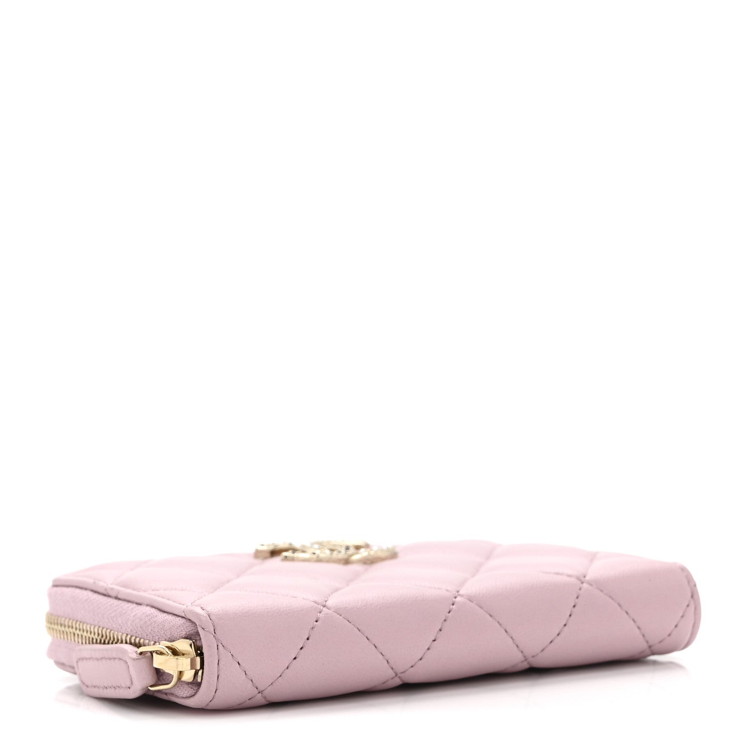 Lambskin Quilted Pearl Crystal CC Zip Around Coin Purse Wallet Pink