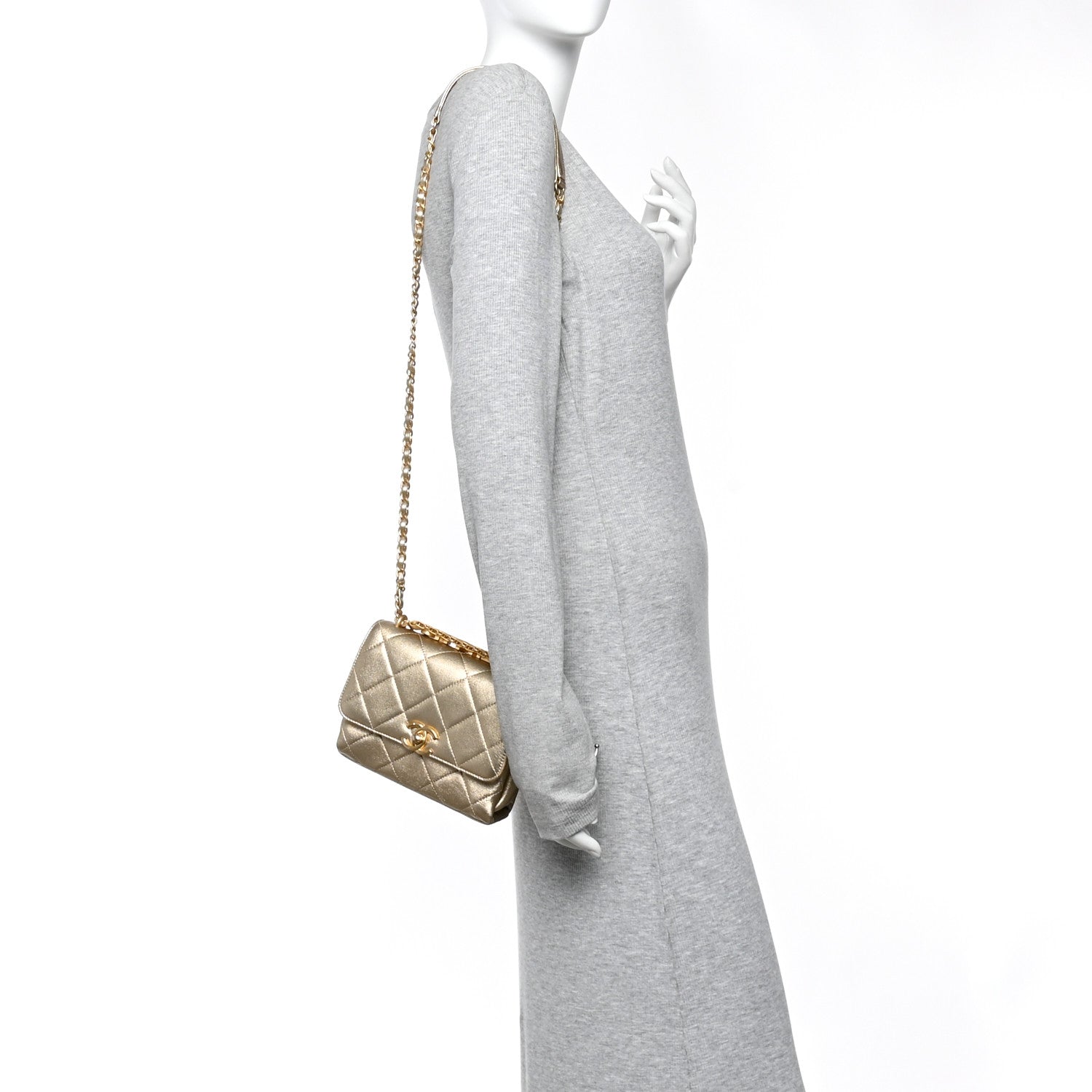 Chanel Metallic Lambskin Quilted Mini CC Crystal Logo Chain Flap Gold