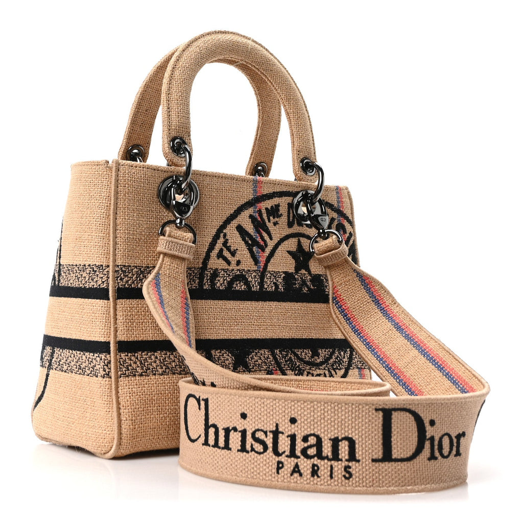 Christian Dior Canvas Jute Embroidered Medium Lady D-Lite Beige Multicolor