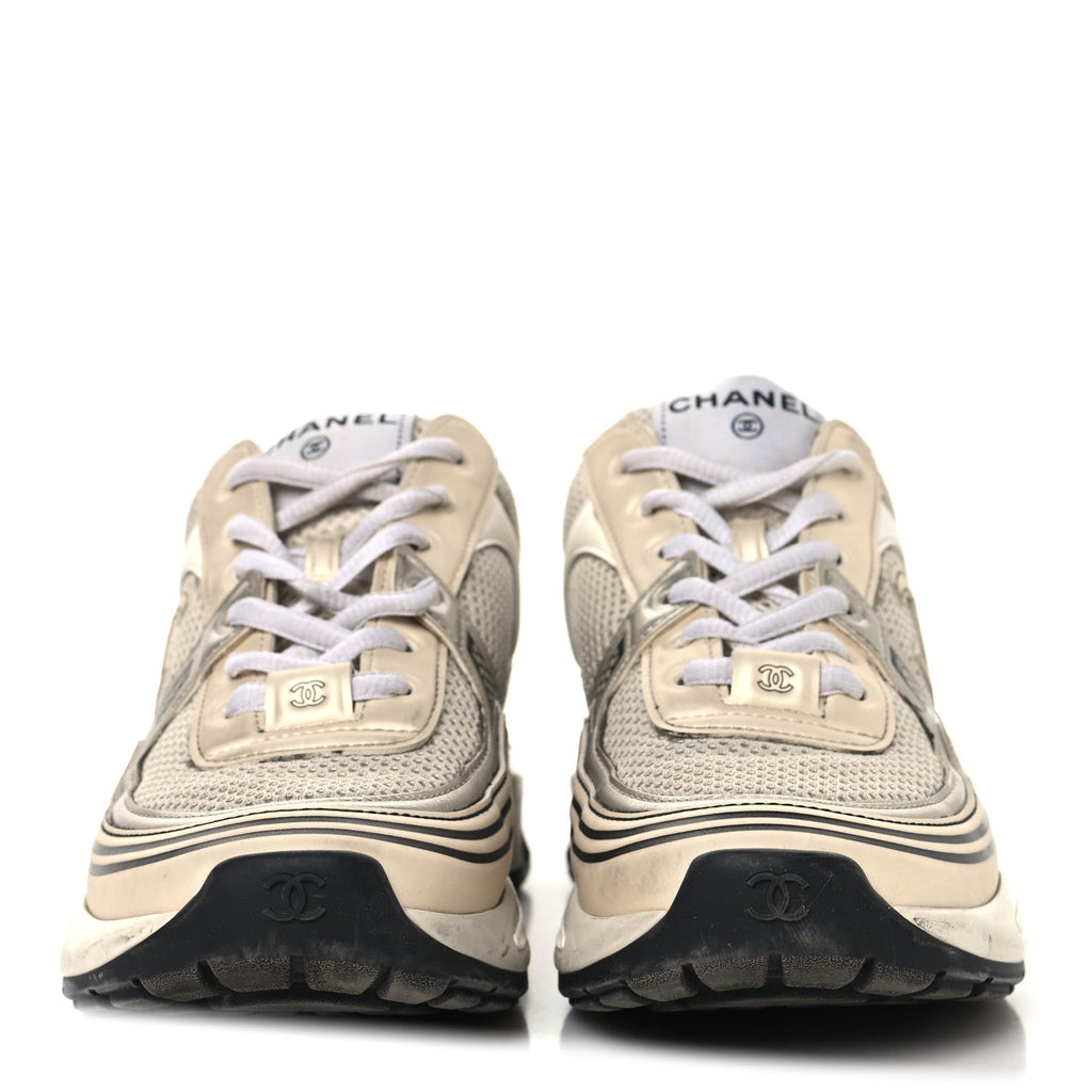 Fabric Laminated Calfskin Stretch CC Womens Sneakers 37 Ivory White Silver