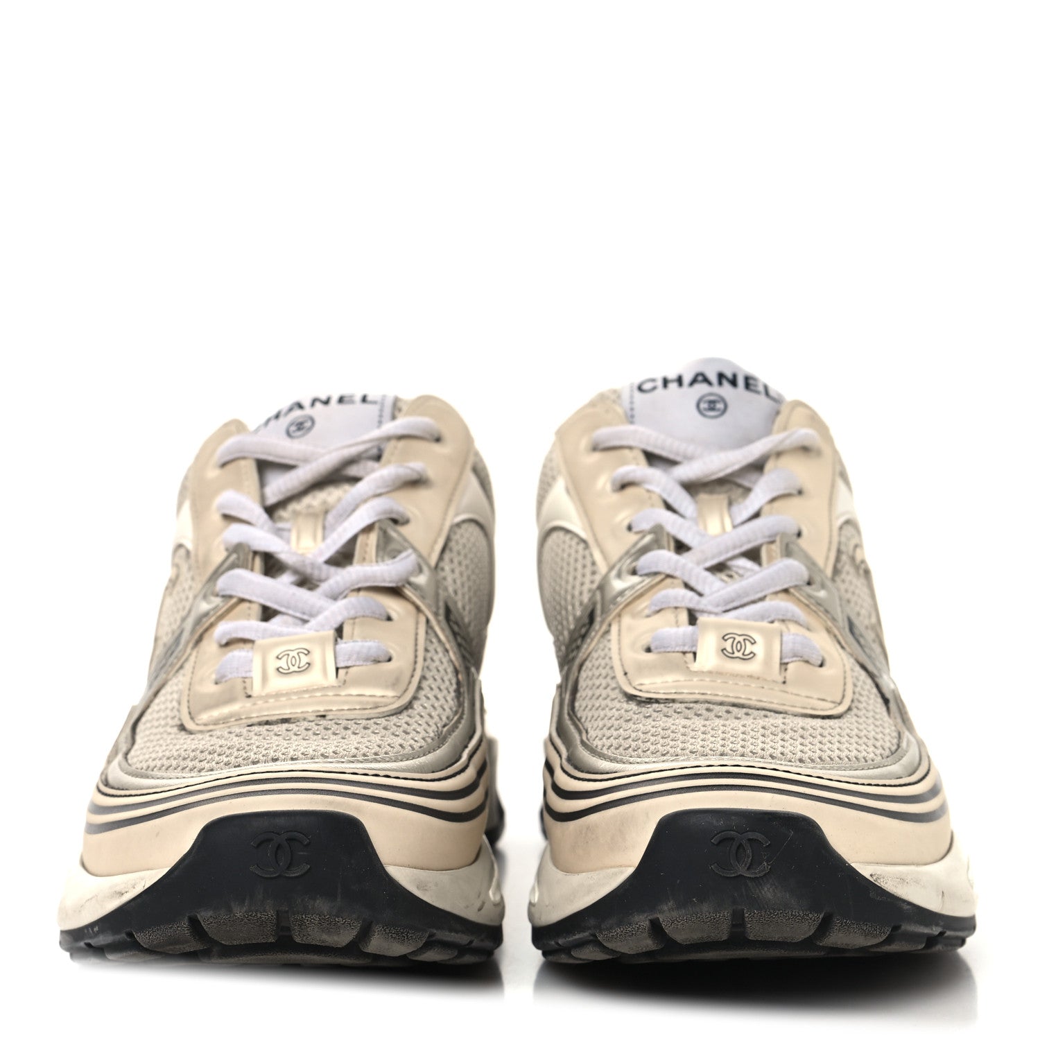 Fabric Laminated Calfskin Stretch CC Womens Sneakers 37 Ivory White Silver