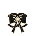 Metal Enamel Pearl CC Bow Brooch Black Gold