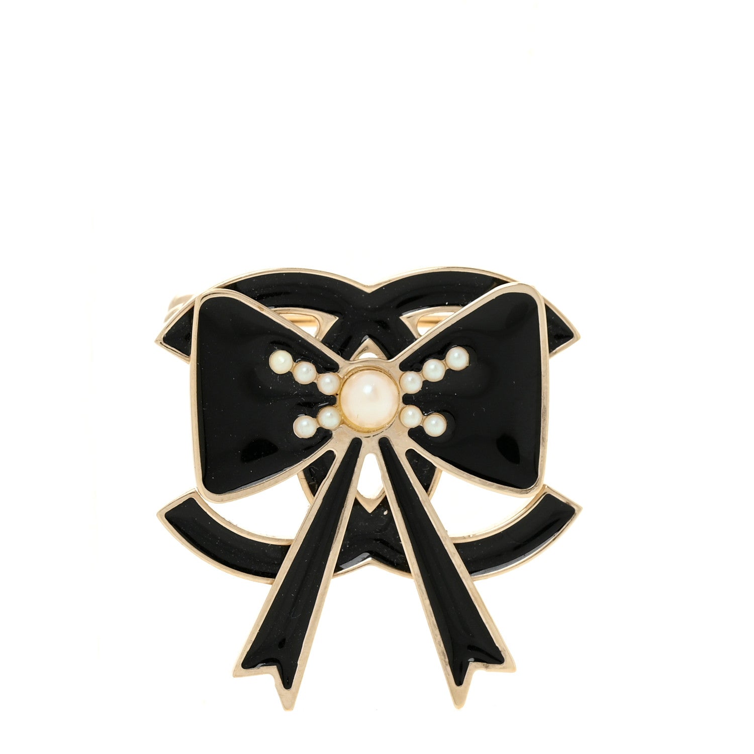 Metal Enamel Pearl CC Bow Brooch Black Gold