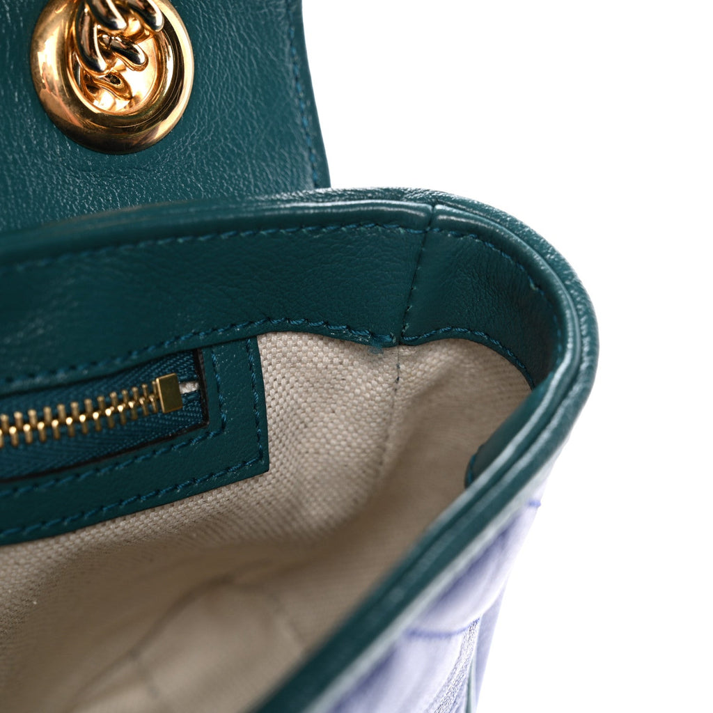 Gucci Azalea Calfskin Enamel Matelasse Diagonal Small Torchon GG Marmont Shoulder Bag Imperial Blue Pavone