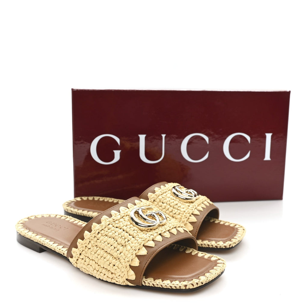 Gucci Raffia Interlocking G Flat Slide Sandals 37.5 Bright Natural Sundial