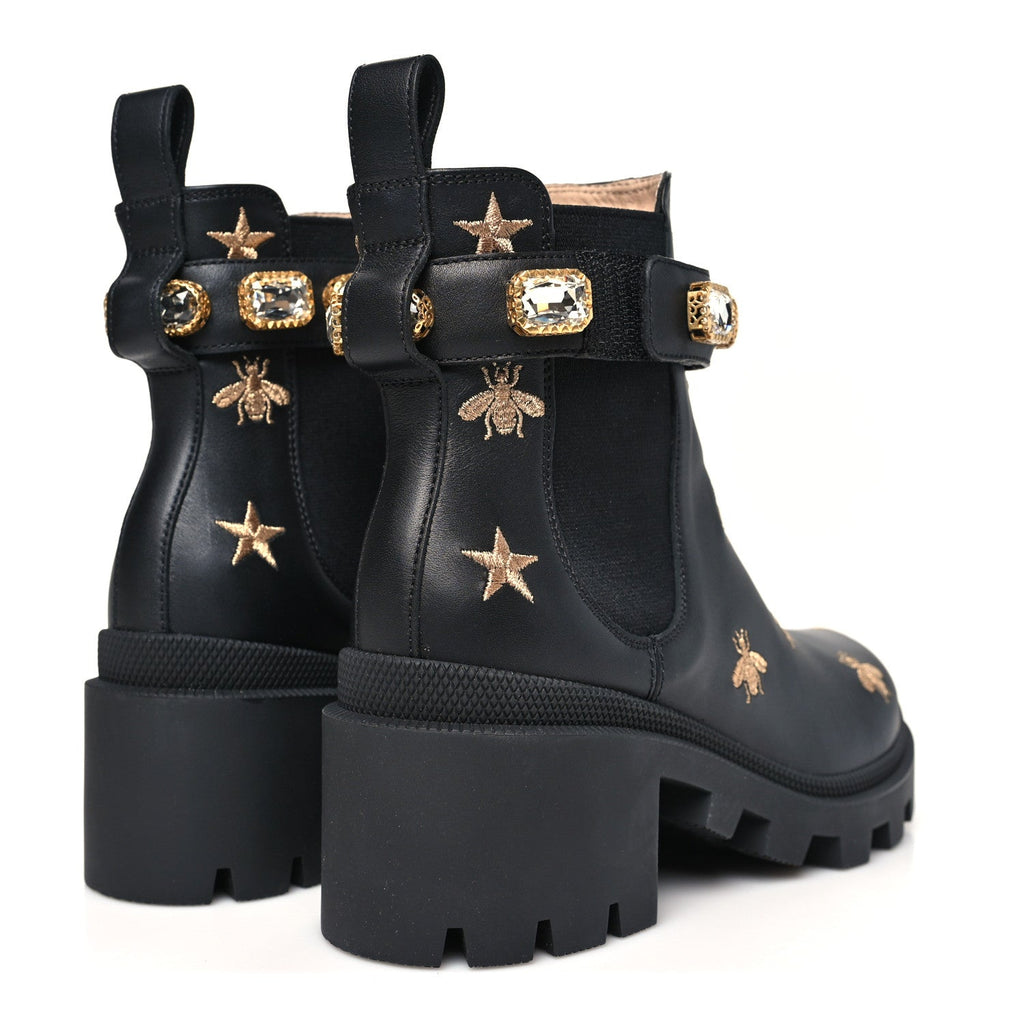 Gucci Calfskin Bee Star Embroidered Belt Ankle Boots 36.5 Black