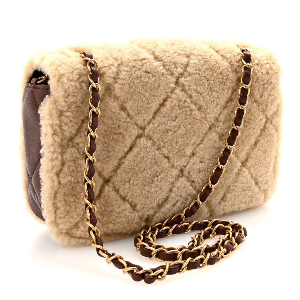 Chanel Shearling Lambskin Quilted Furry Coco Flap Beige Dark Brown