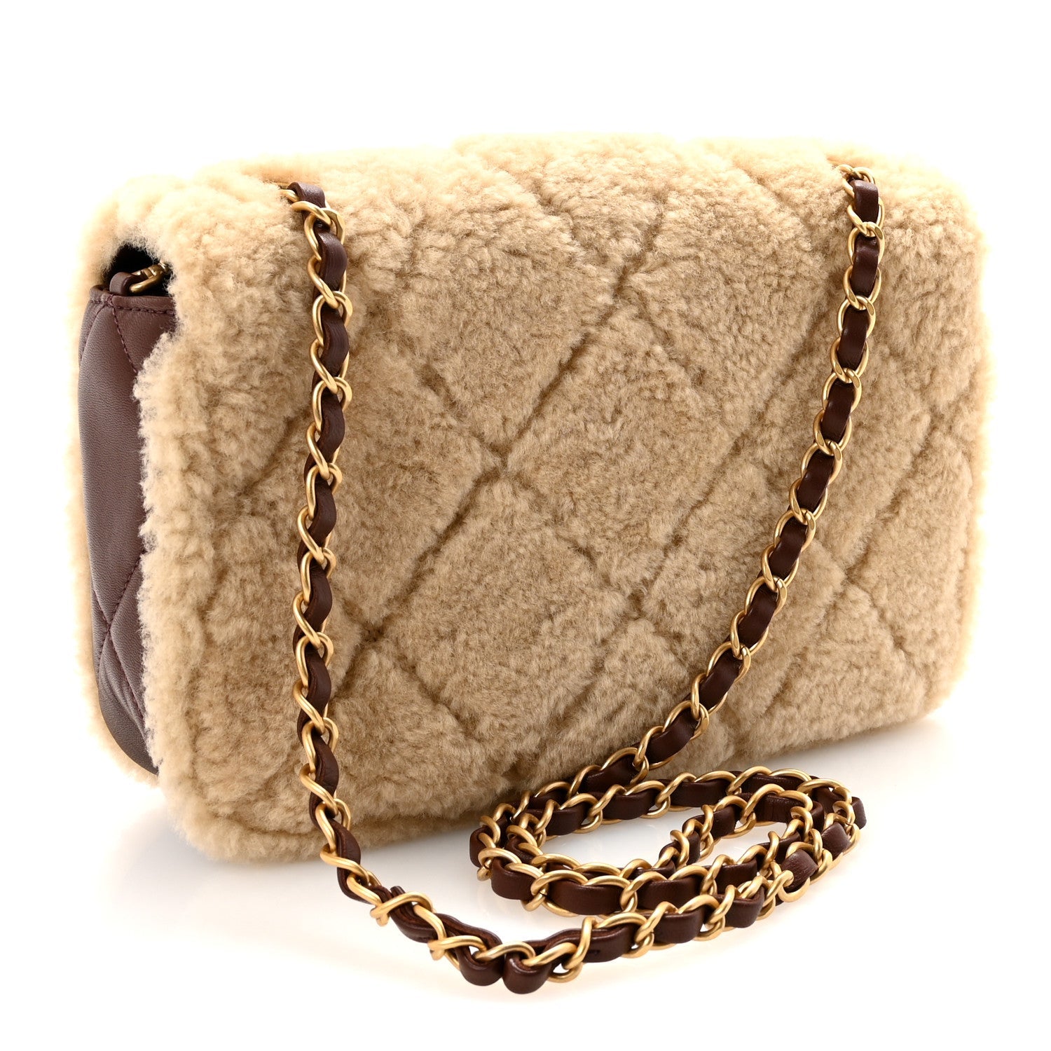 Chanel Shearling Lambskin Quilted Furry Coco Flap Beige Dark Brown