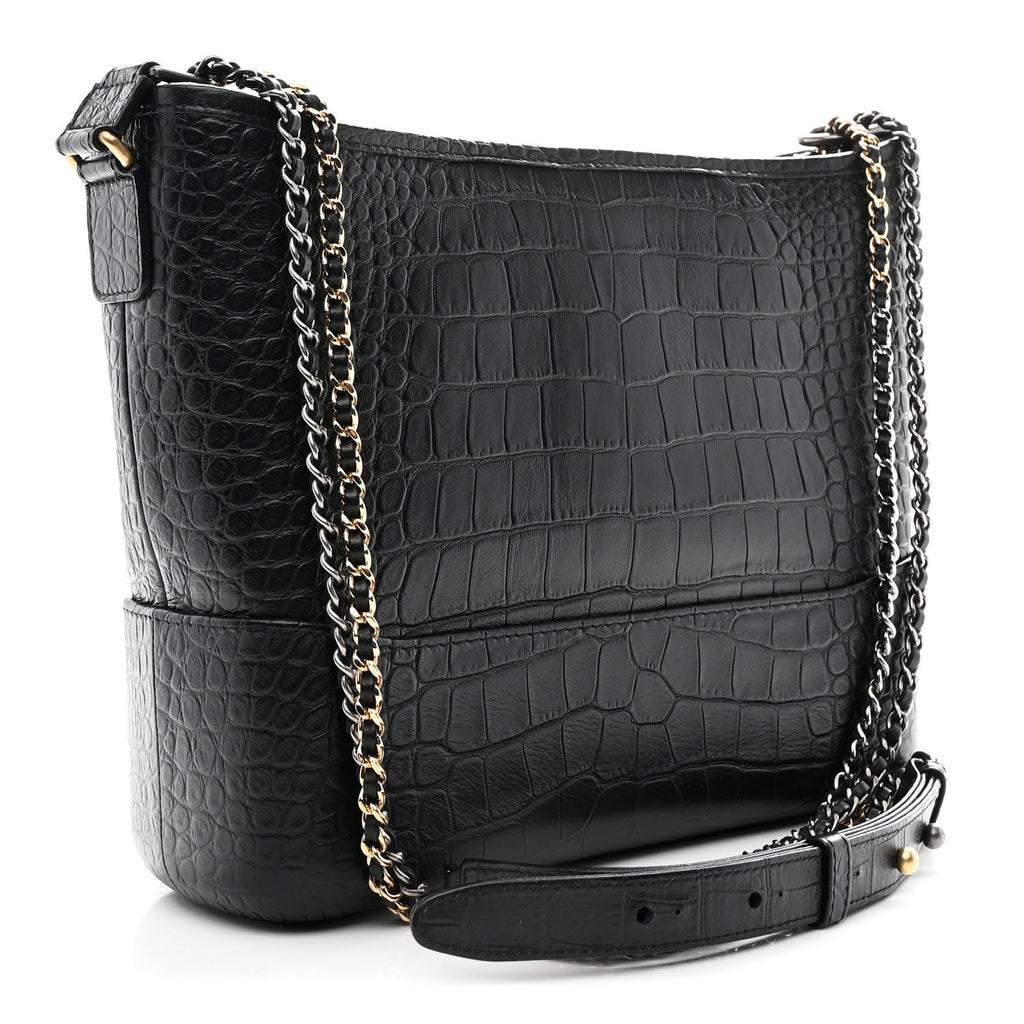 Chanel Crocodile Embossed Calfskin Medium Gabrielle Cocodile Hobo Black