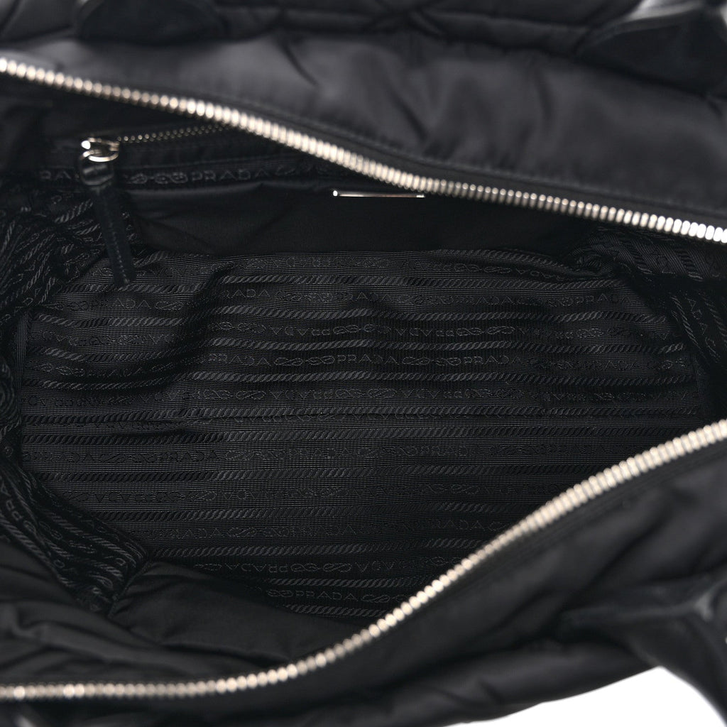Prada Re-Nylon Nappa Triangle Quilted Padded Medium Double Handled Zip Tote Black