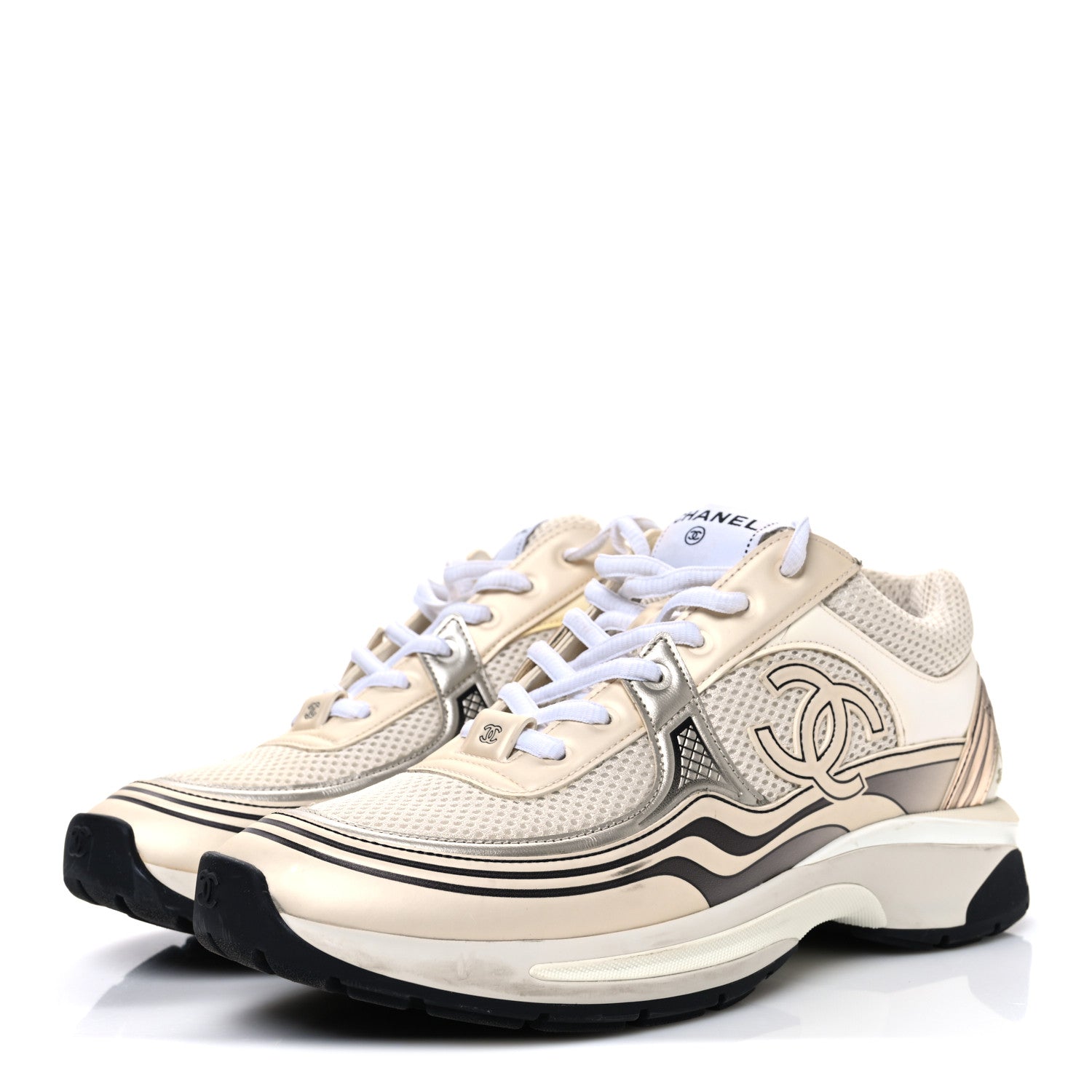 Fabric Laminated Calfskin Stretch CC Sneakers 41 Ivory White Silver