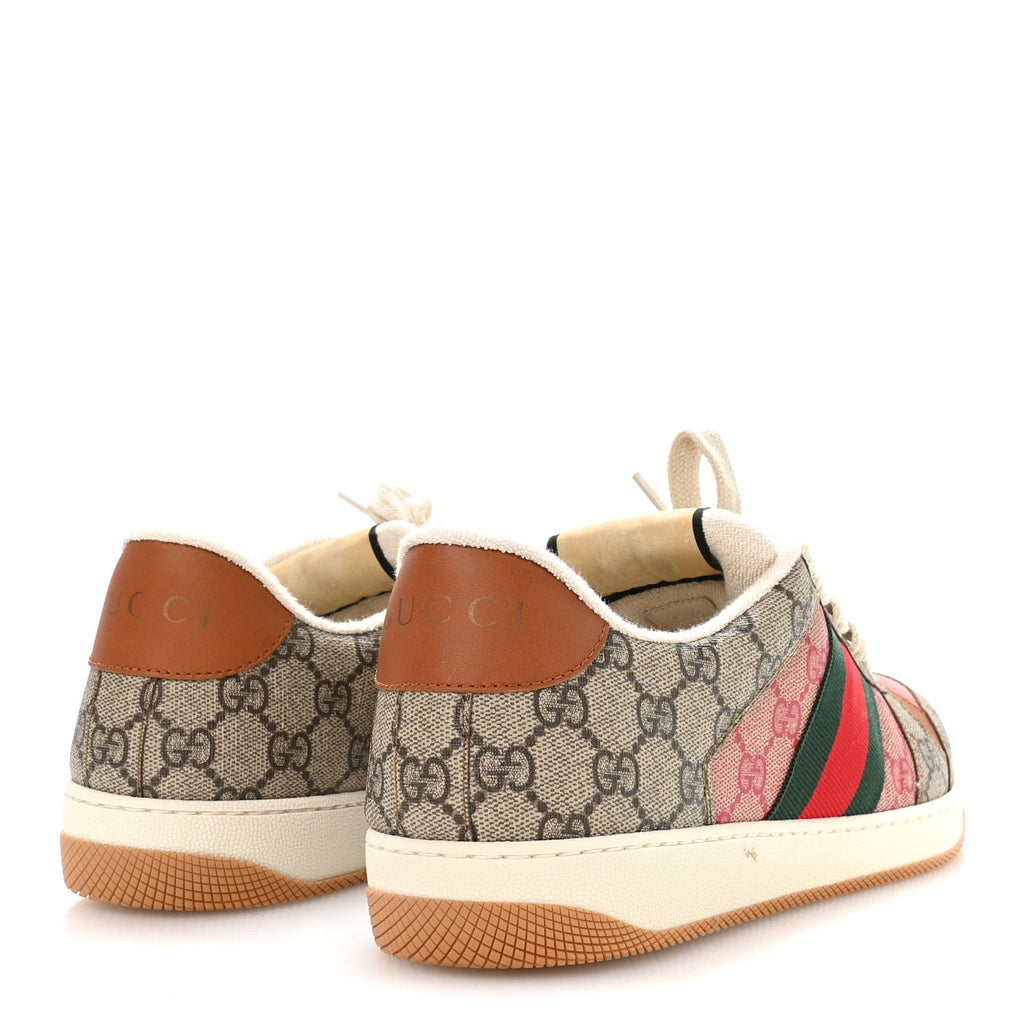 Gucci GG Supreme Monogram Harness Calfskin Web Mens Screener Sneakers 10.5 Beige Ebony Rosso Harness Brown