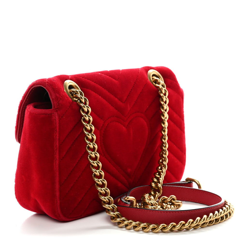 Gucci Velvet Matelasse Mini GG Marmont Shoulder Bag Hibiscus Red