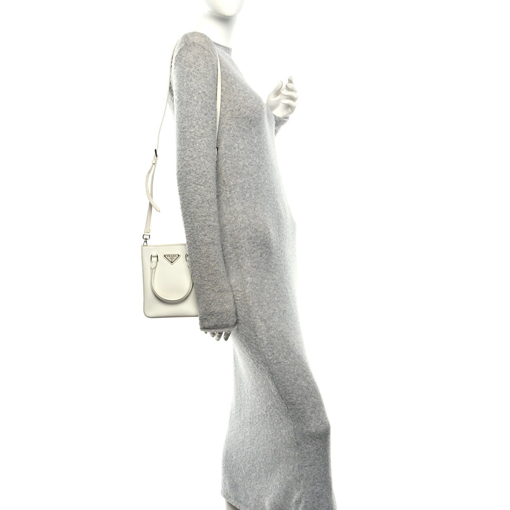 Prada Spazzolato Triangle Small Double Handle Crossbody Tote White