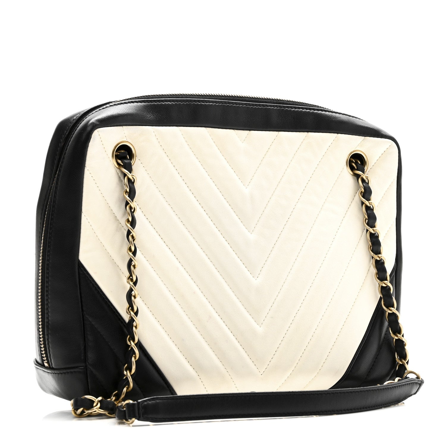 Chanel Lambskin Chevron Quilted Camera Case Black White