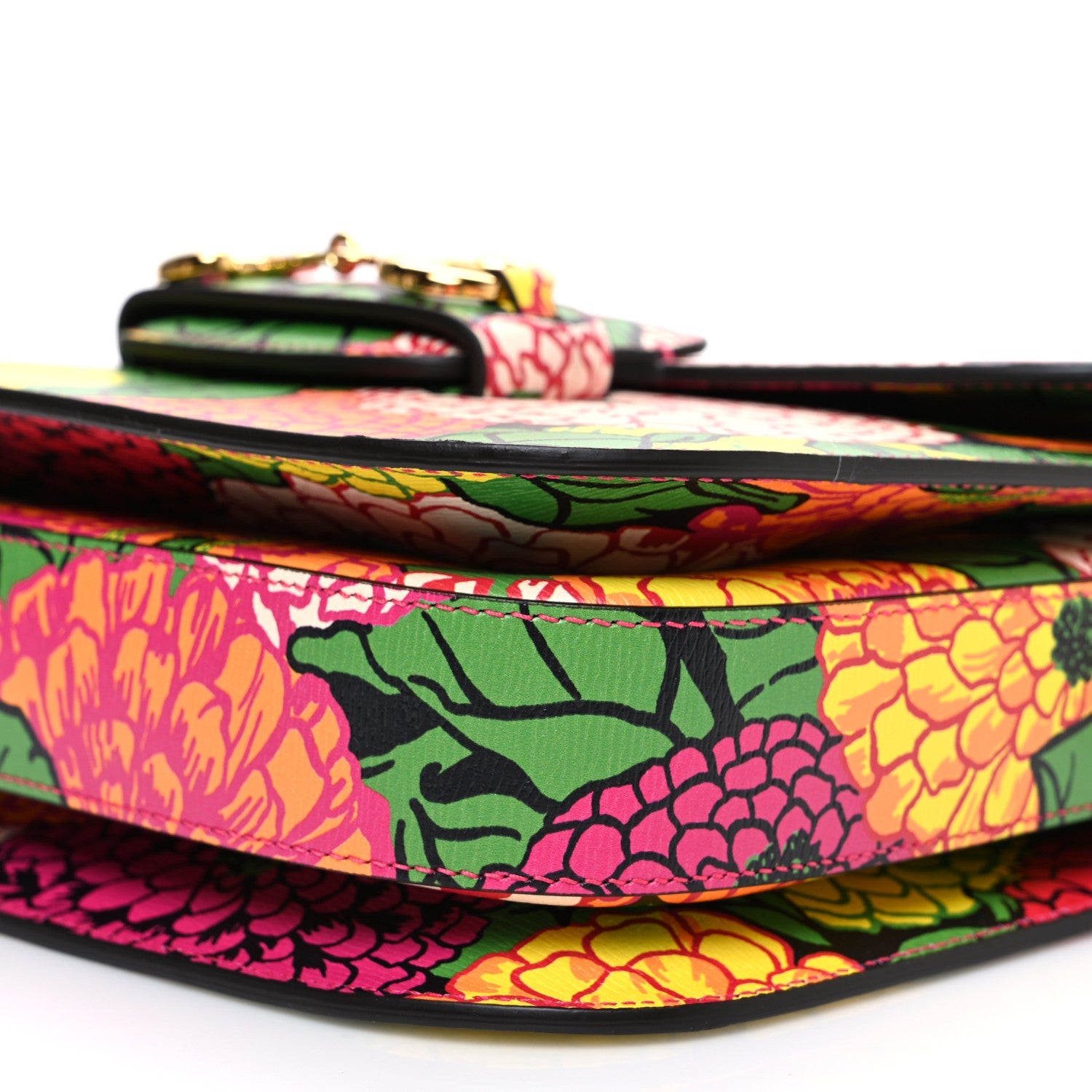 Gucci X KEN SCOTT Textured Calfskin Pomponica Print Horsebit 1955 Shoulder Bag Multicolor Fuxia Pompom