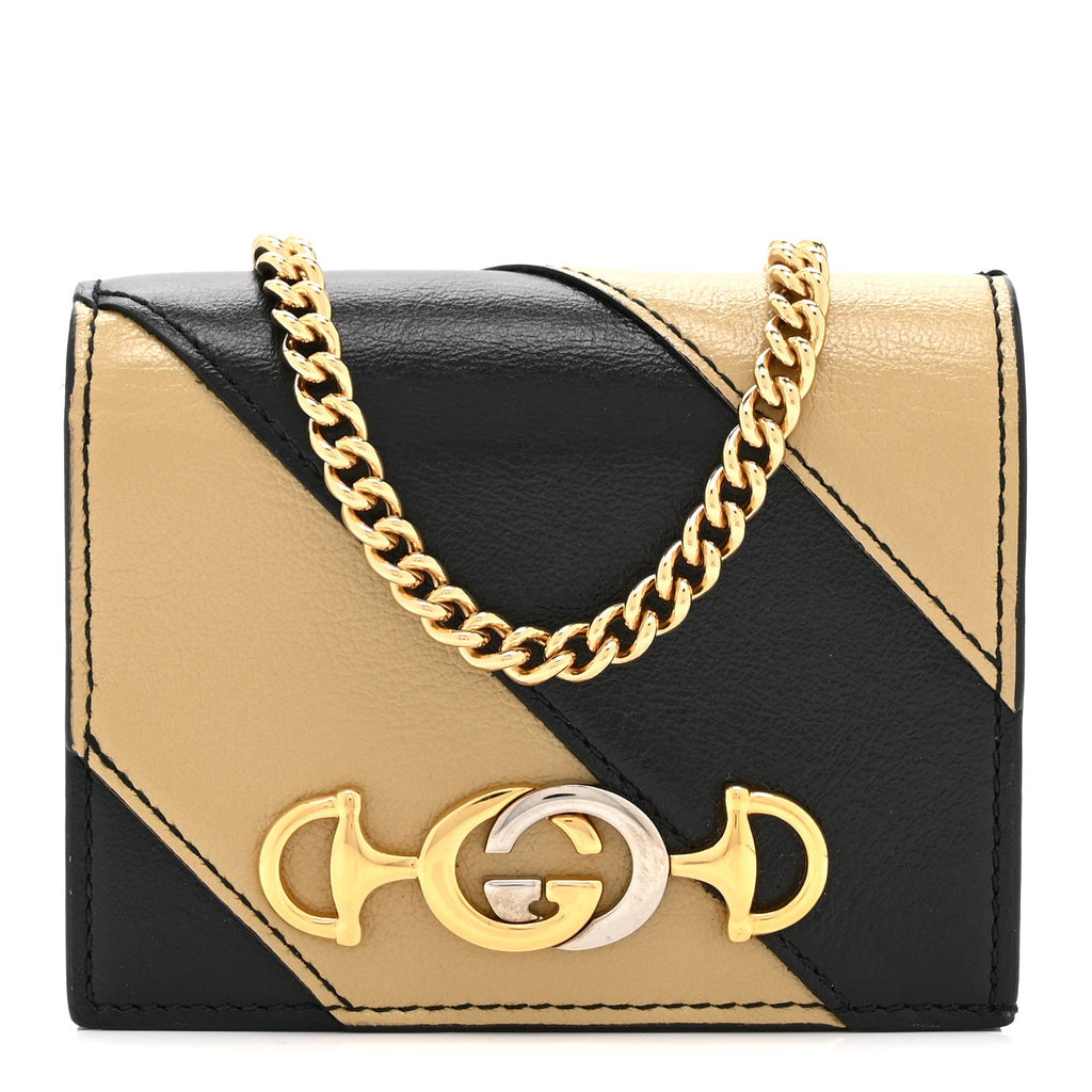 Gucci Calfskin Diagonal Striped Zumi Chain Card Case Wallet Black Beige