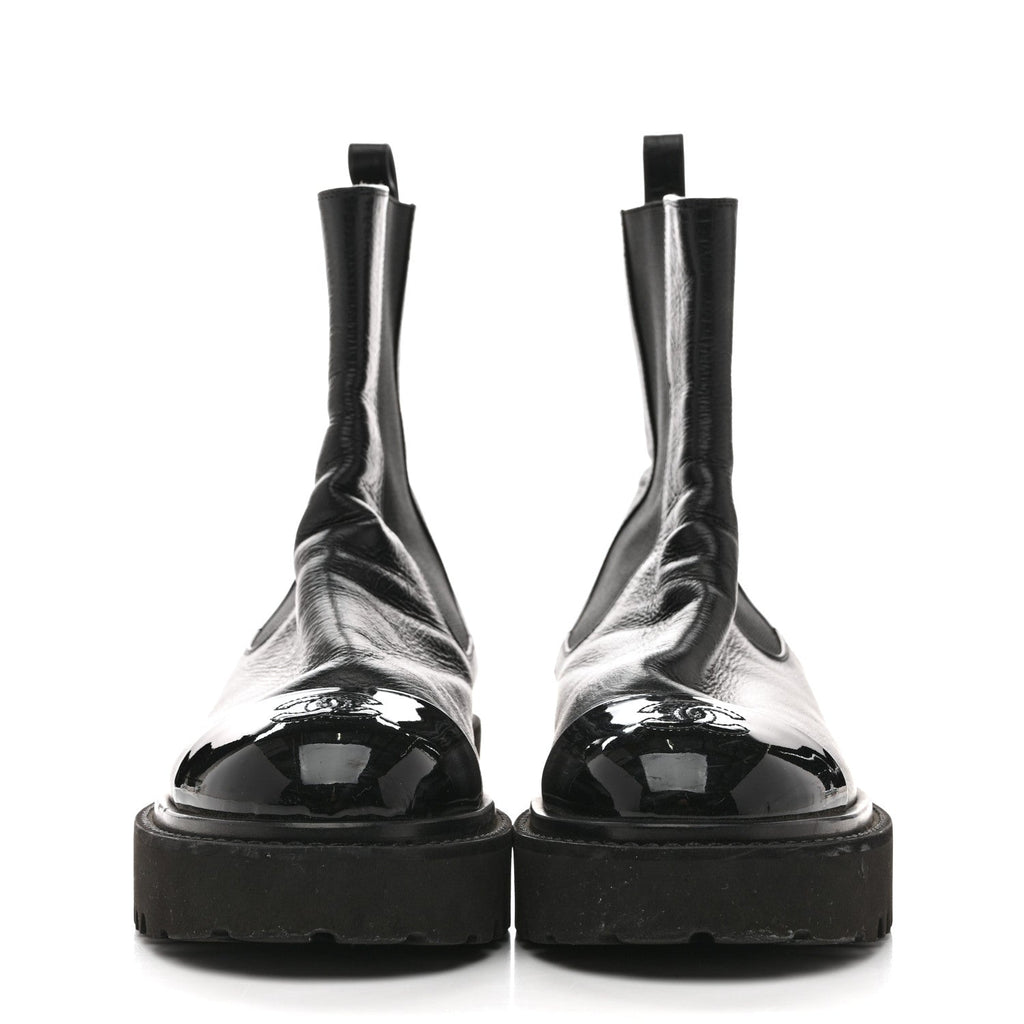 Crumpled Calfskin Patent Cap Toe Short Boots 39.5 Black