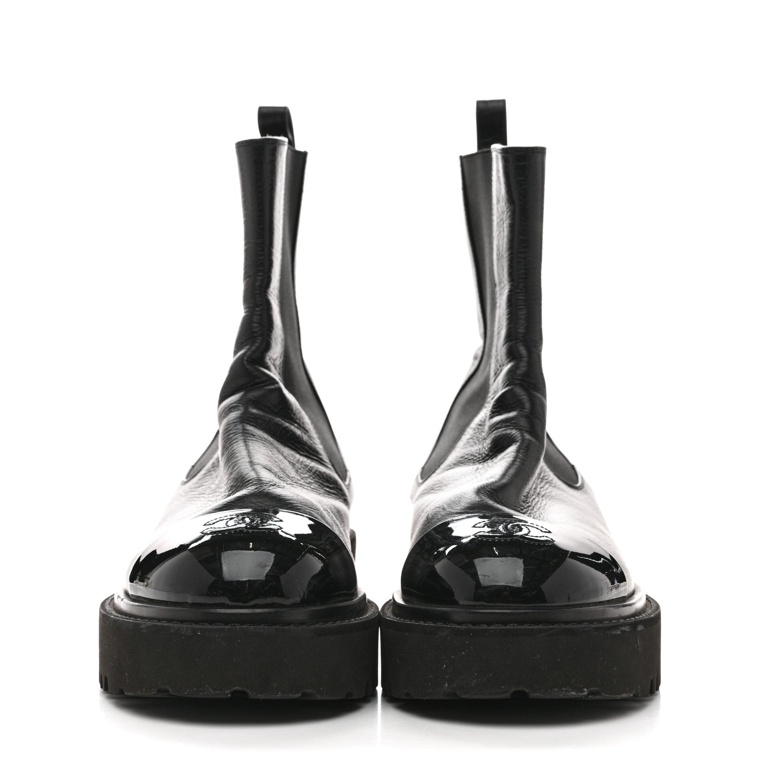 Crumpled Calfskin Patent Cap Toe Short Boots 39.5 Black