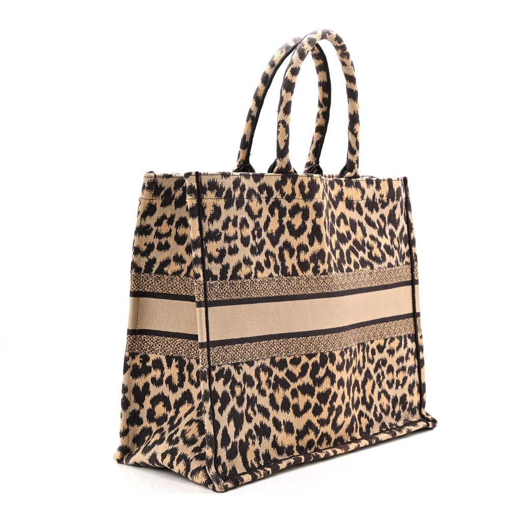 Christian Dior Canvas Mizza Embroidered Large Leopard Book Tote Beige