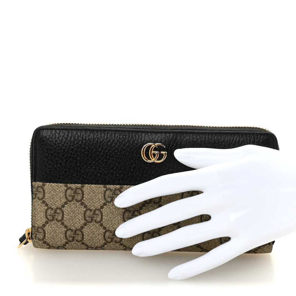 Gucci Dollar Calfskin GG Supreme Monogram GG Marmont Zip Around Wallet Black Beige Ebony