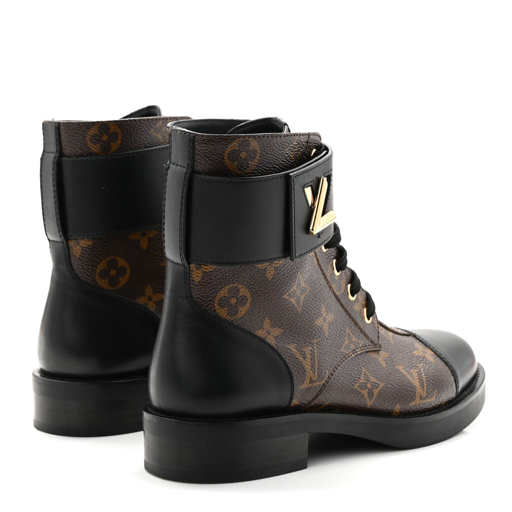 Louis Vuitton Calfskin Monogram Wonderland Flat Ranger Boots 36.5 Black