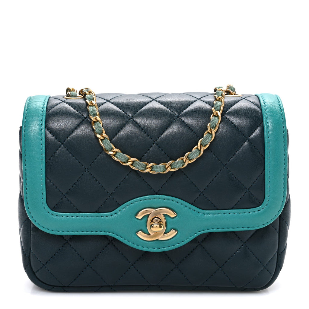 Chanel Lambskin Quilted Mini Two Tone Day Flap Navy Turquoise