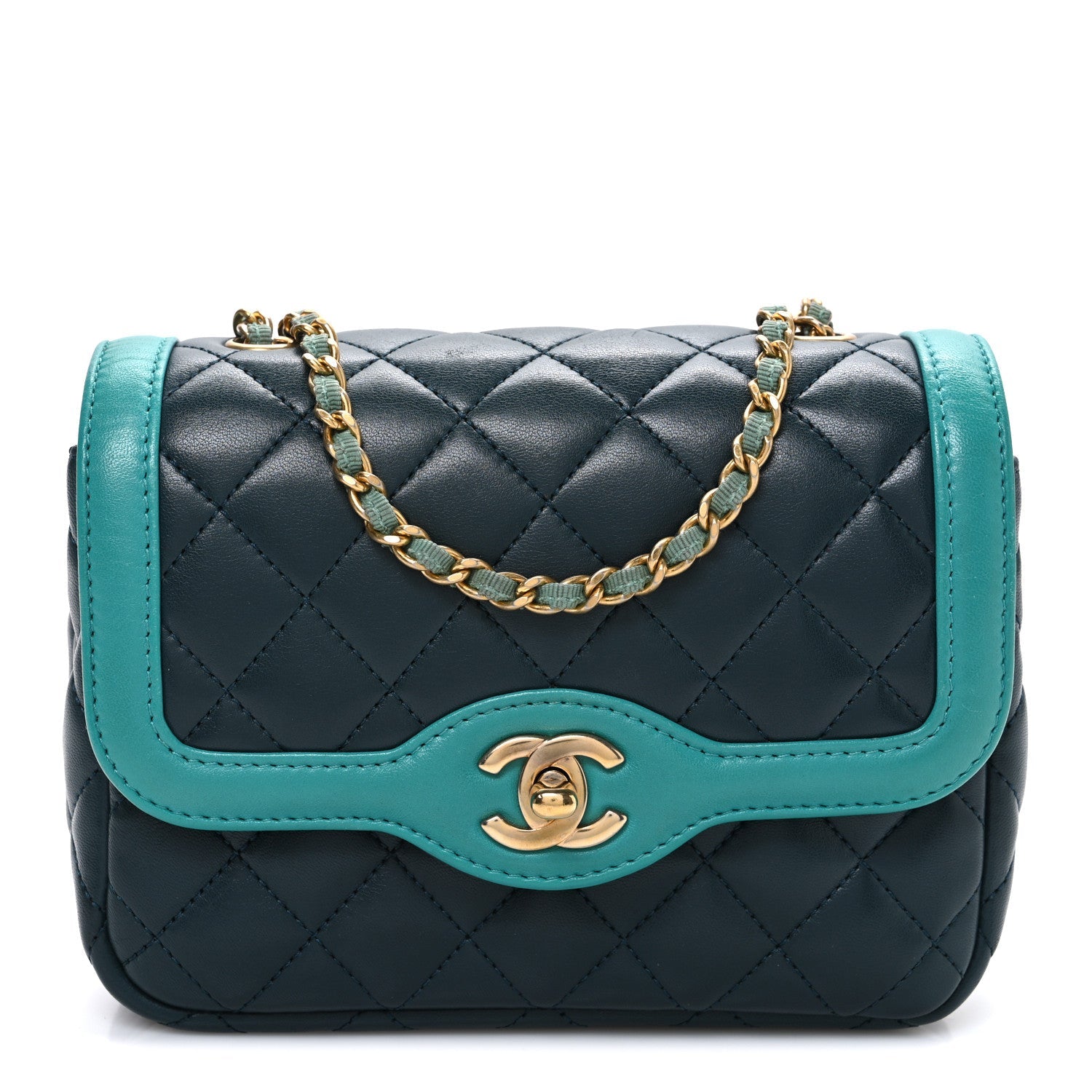 Chanel Lambskin Quilted Mini Two Tone Day Flap Navy Turquoise