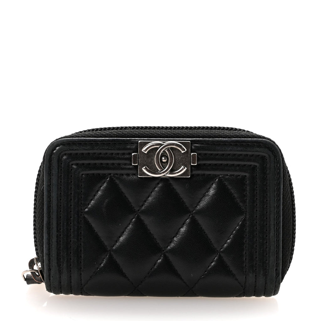 Lambskin Quilted Zip Around Boy Coin Purse Wallet Black