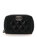 Lambskin Quilted Zip Around Boy Coin Purse Wallet Black