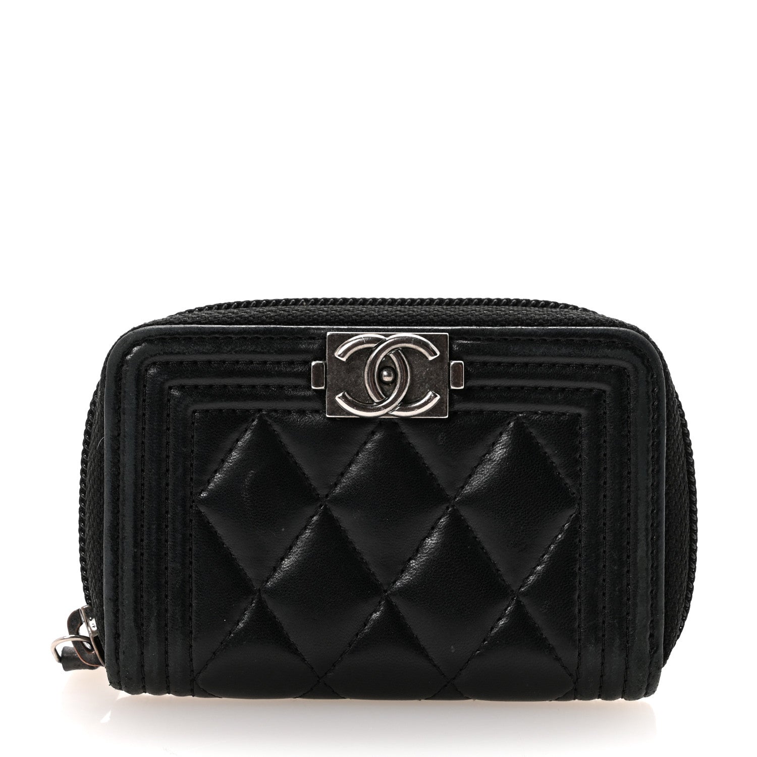 Lambskin Quilted Zip Around Boy Coin Purse Wallet Black