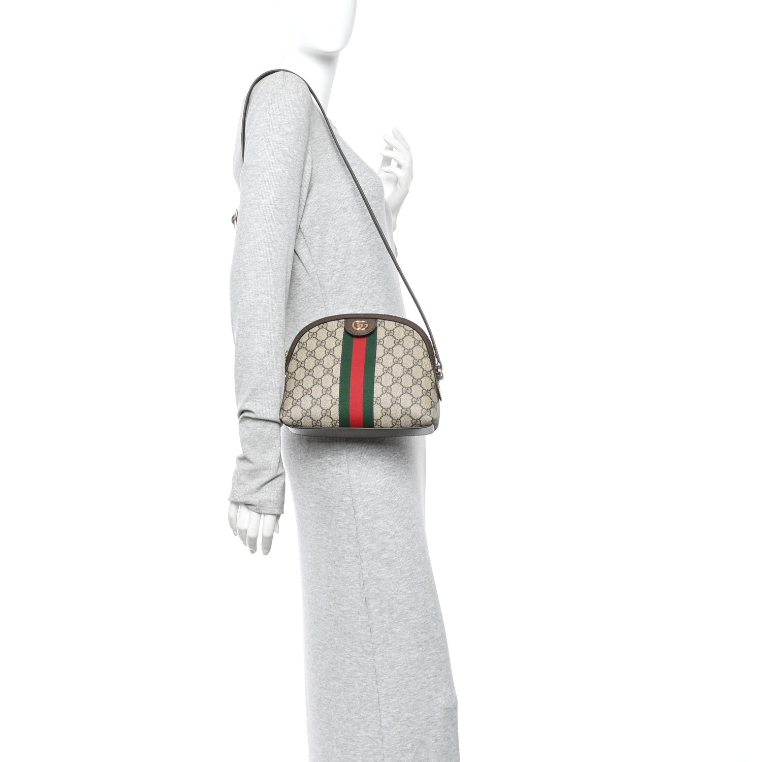 Gucci GG Supreme Monogram Textured Dollar Calfskin Web Small Ophidia Dome Shoulder Bag Beige Ebony New Acero