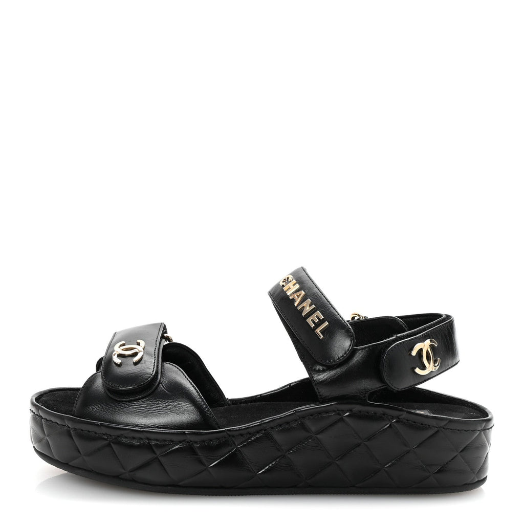 Chanel Shiny Calfskin Logo Platform Sandals 37 Black