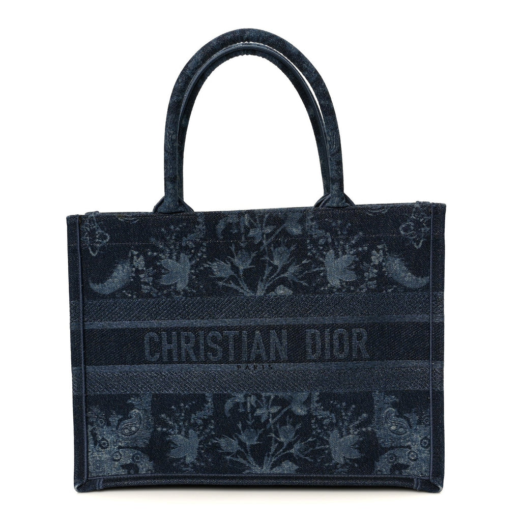 Christian Dior Denim Flowers Embroidered Medium Book Tote Blue