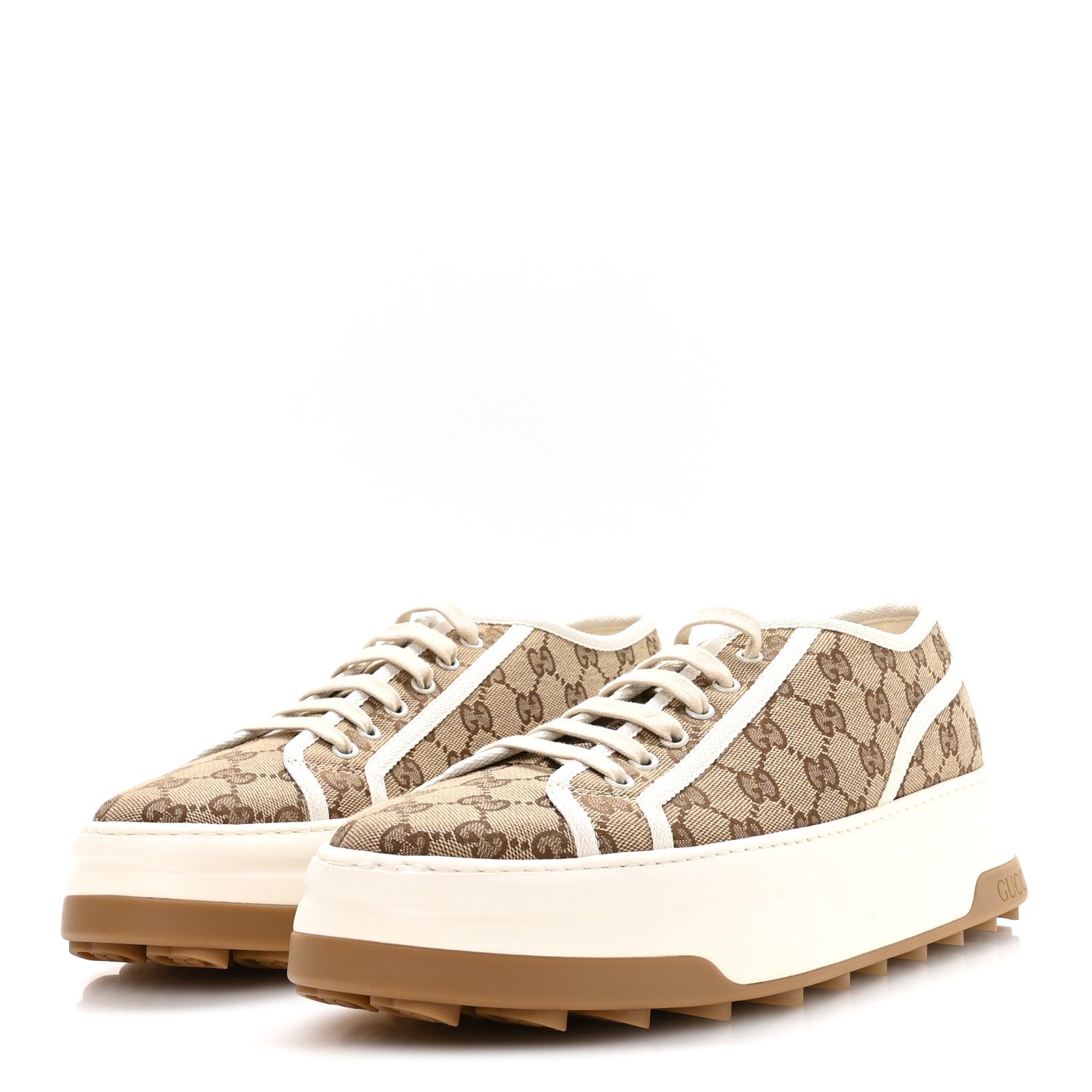Gucci New Canvas GG Monogram Mens Tennis 1977 55mm Platform Sneakers 11 Beige Ebony Mystic White