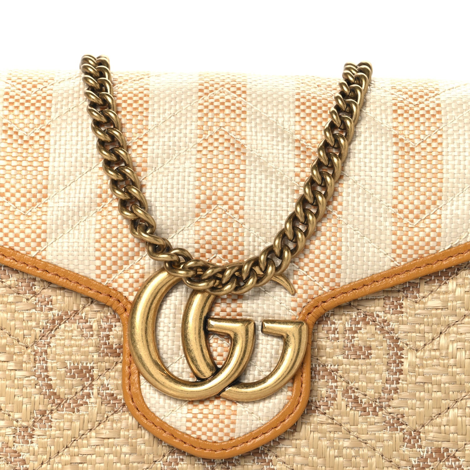 Gucci Raffia GG Monogram Matelasse GG Marmont Chain Wallet Natural Beige Off White Sun Oil