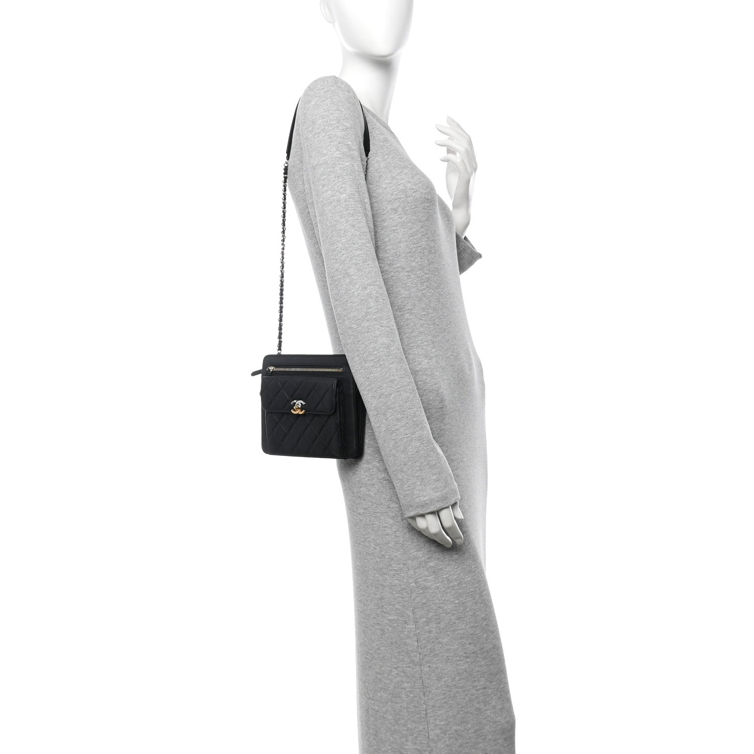 Chanel Lambskin Quilted Square Front Pocket Clutch With Chain Black