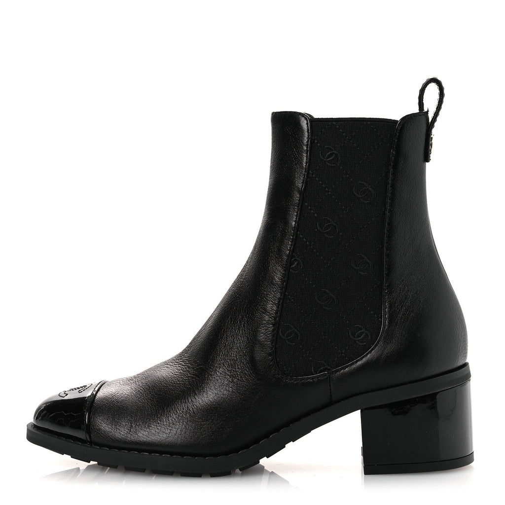 Chanel Shiny Grained Calfskin Patent Cap Toe Interlocking CC Short Boots 37.5 Black