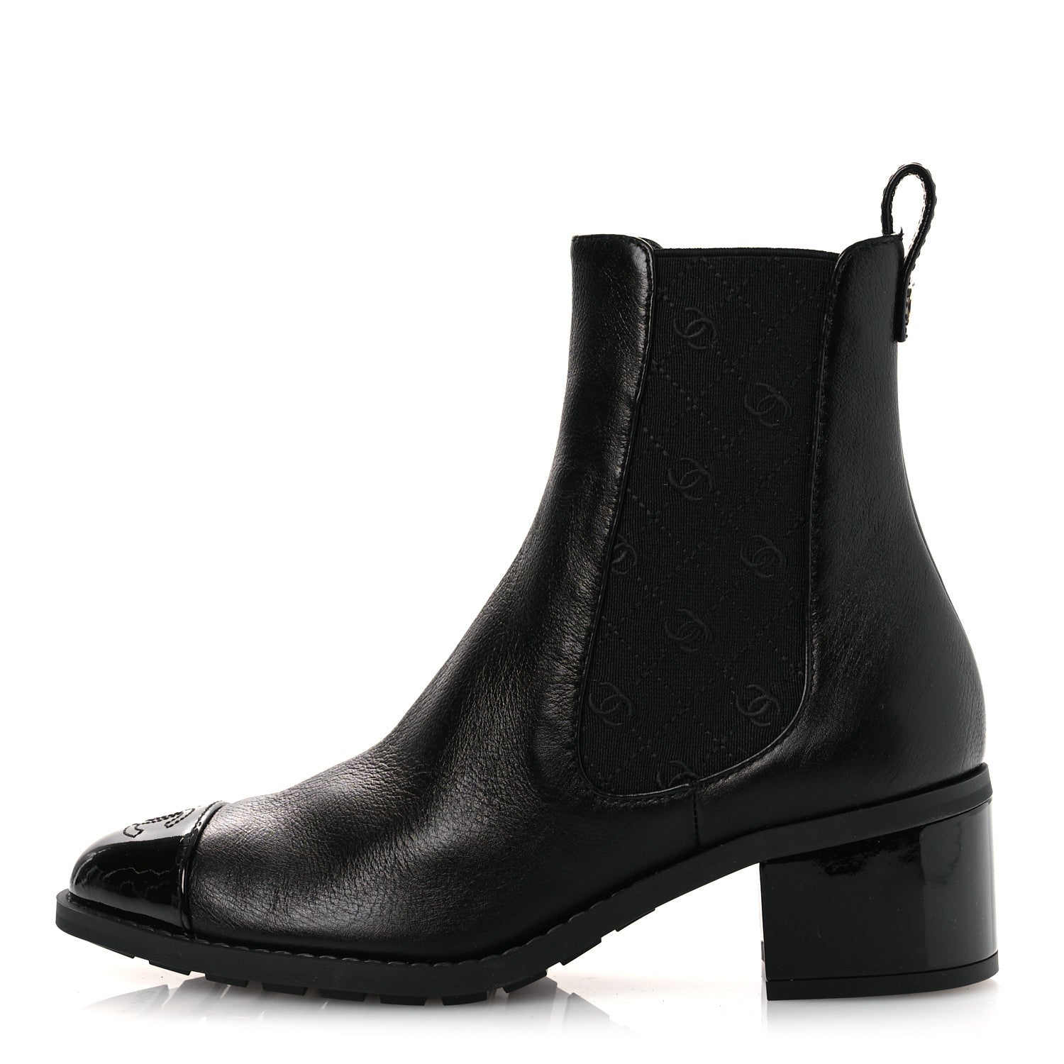 Chanel Shiny Grained Calfskin Patent Cap Toe Interlocking CC Short Boots 37.5 Black