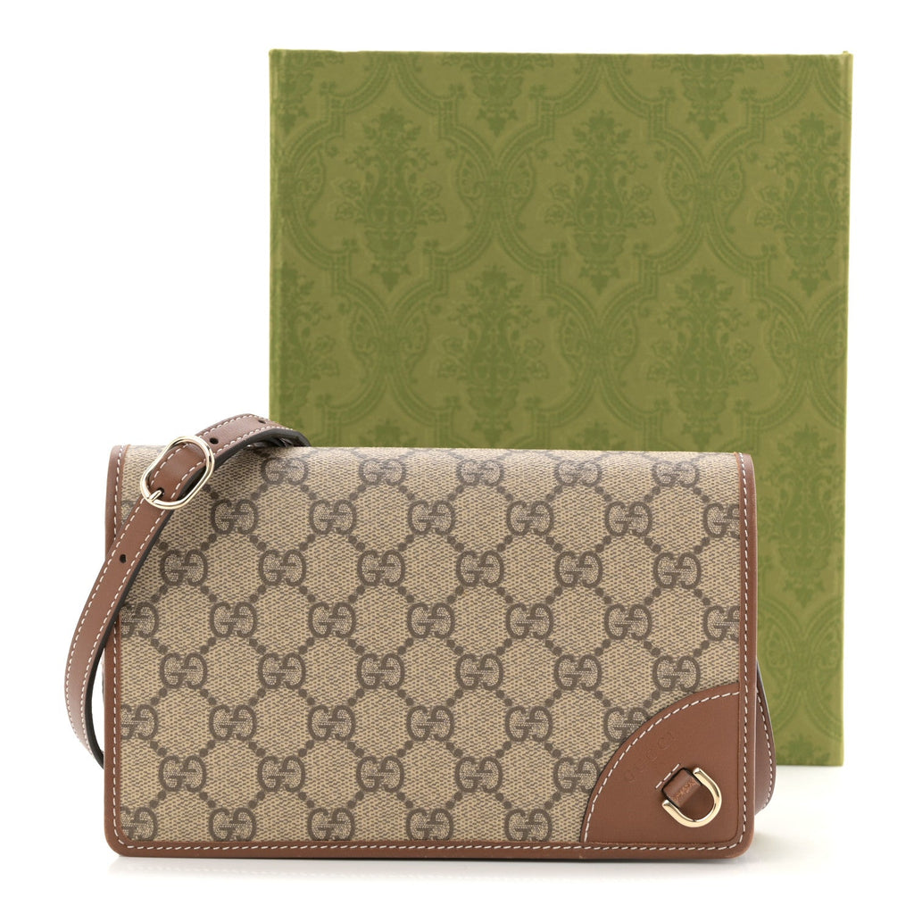 Gucci GG Supreme Monogram Textured Calfskin Emblem Super Mini Shoulder Bag Beige Dark Brown