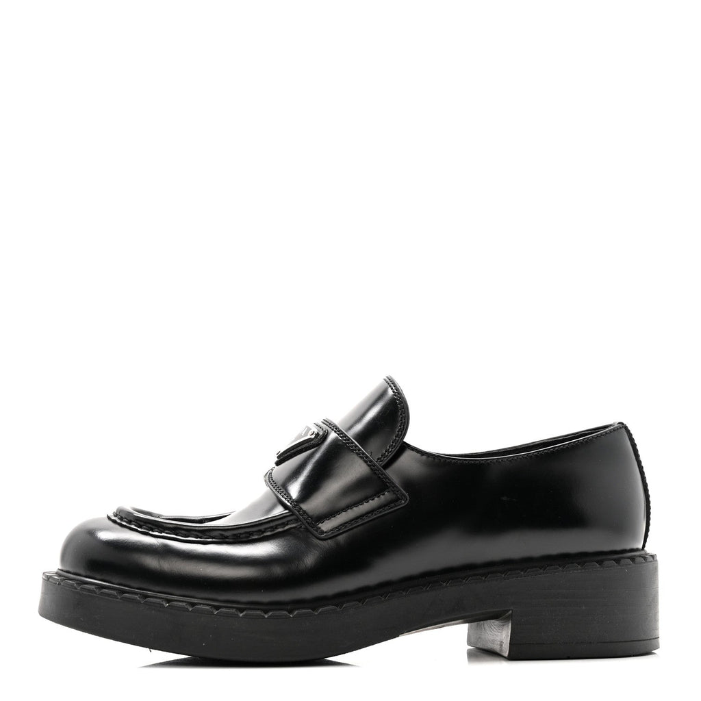 Prada Spazzolato Metal Triangle Logo 50mm Loafers 37.5 Black