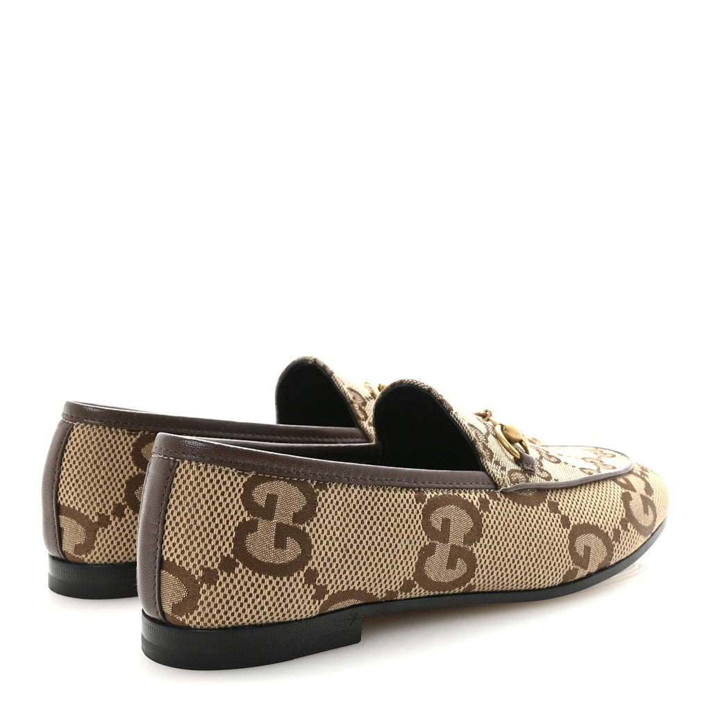 Gucci Monogram Jumbo GG Malaga Kid Horsebit Womens Jordaan Loafers 36.5 Camel Ebony New Acero Beige